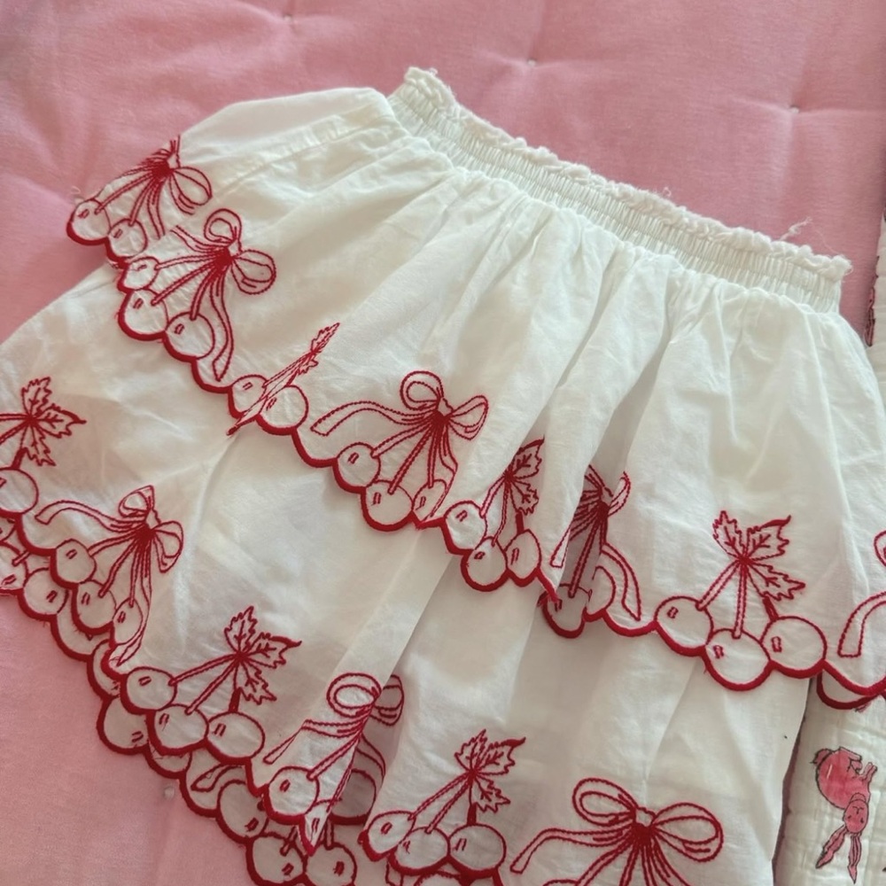 White and Red LoveShackFancy Embroidered Skirt